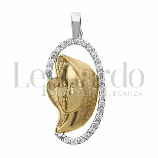 Pendente sacro con Madonnina da Donna  in Oro 18 Carati con Zirconi bianchi in Oro Giallo / Rosa e Oro Bianco da 3 gr.