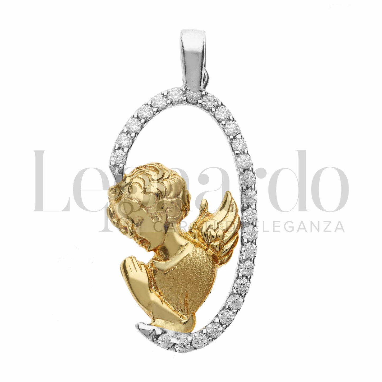 Pendente sacro con Angioletto da Donna  in Oro 18 Carati con Zirconi bianchi in Oro Giallo / Rosa e Oro Bianco da 2,4 gr.