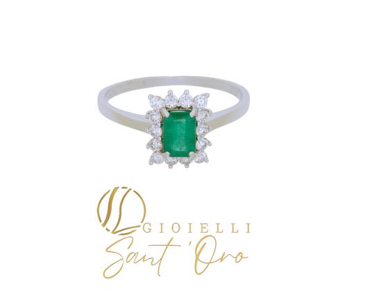 Anello in Oro bianco 18kt Smeraldo e Diamanti - Gioielli Sant’Oro